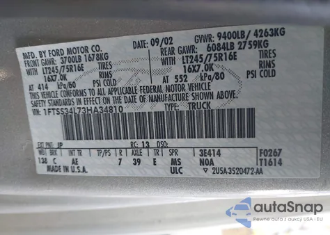 2003 Ford E-350 Super Duty Commercial/Recreational z USA, uszkodzony, nr VIN 1FTSS34L73HA34810